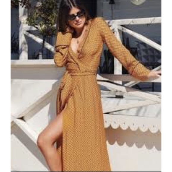 Bec + Bridge Mustard Yellow with Black Polka Dot Midi Wrap Dress Size 4 - Picture 1 of 5